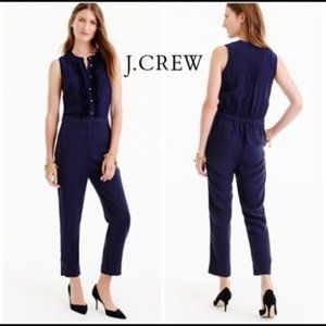 J. Crew Navy Blue Ruffle Front Silk Jumpsuit Blue